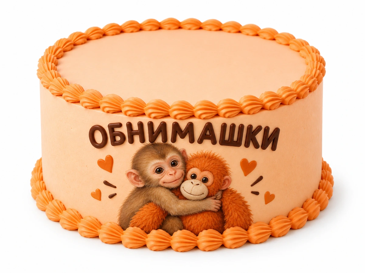 Персиковый торт с обезьянкой Панч и надписью «Обнимашки»