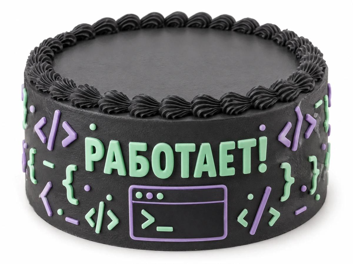 Тёмный торт с кодом и надписью «Работает!»