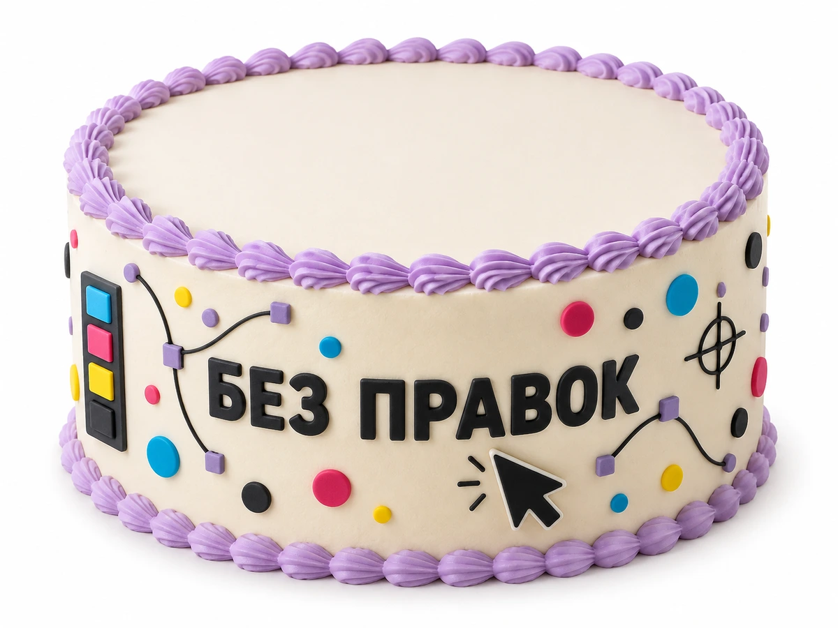 Сиреневый торт с цветами CMYK и надписью «Без правок»