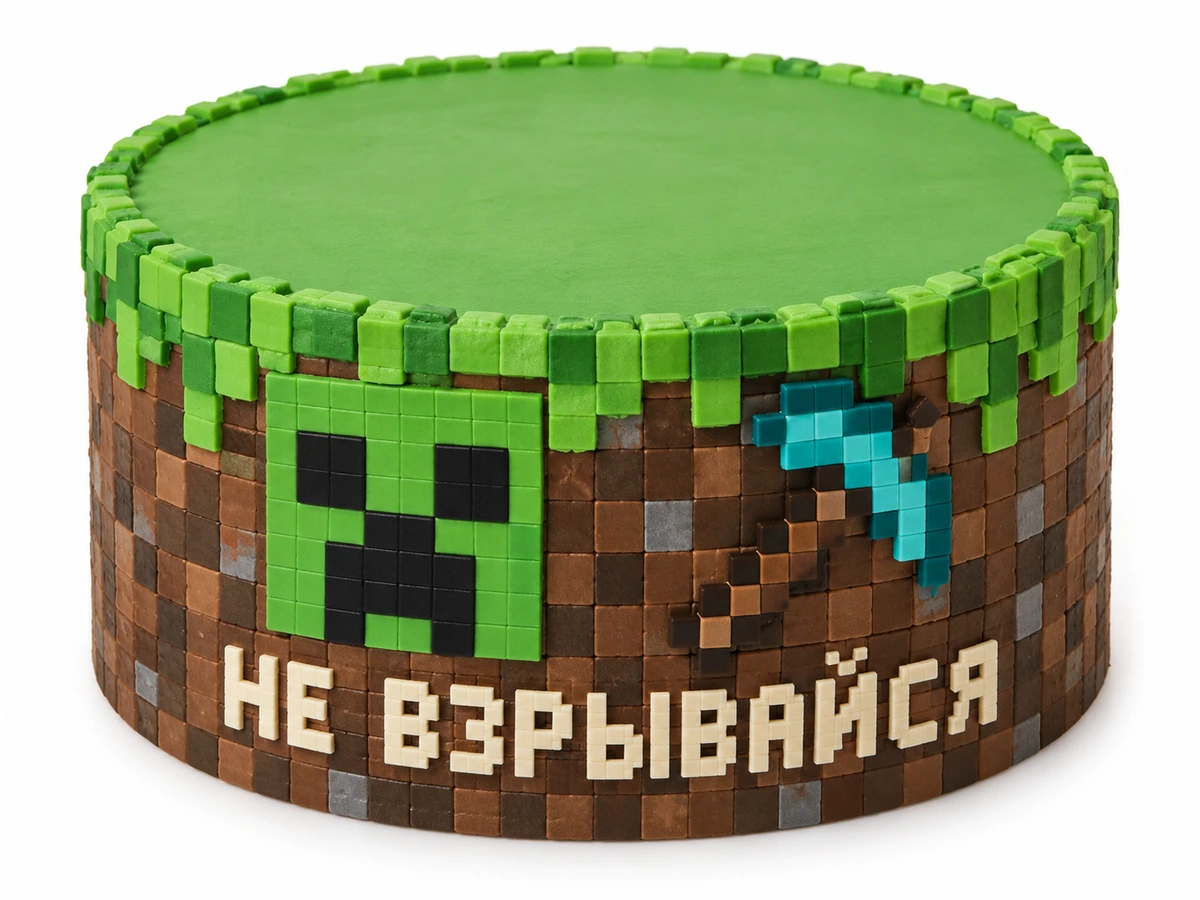 Торт по мотивам Minecraft с крипером, алмазной киркой и надписью «Не взрывайся»