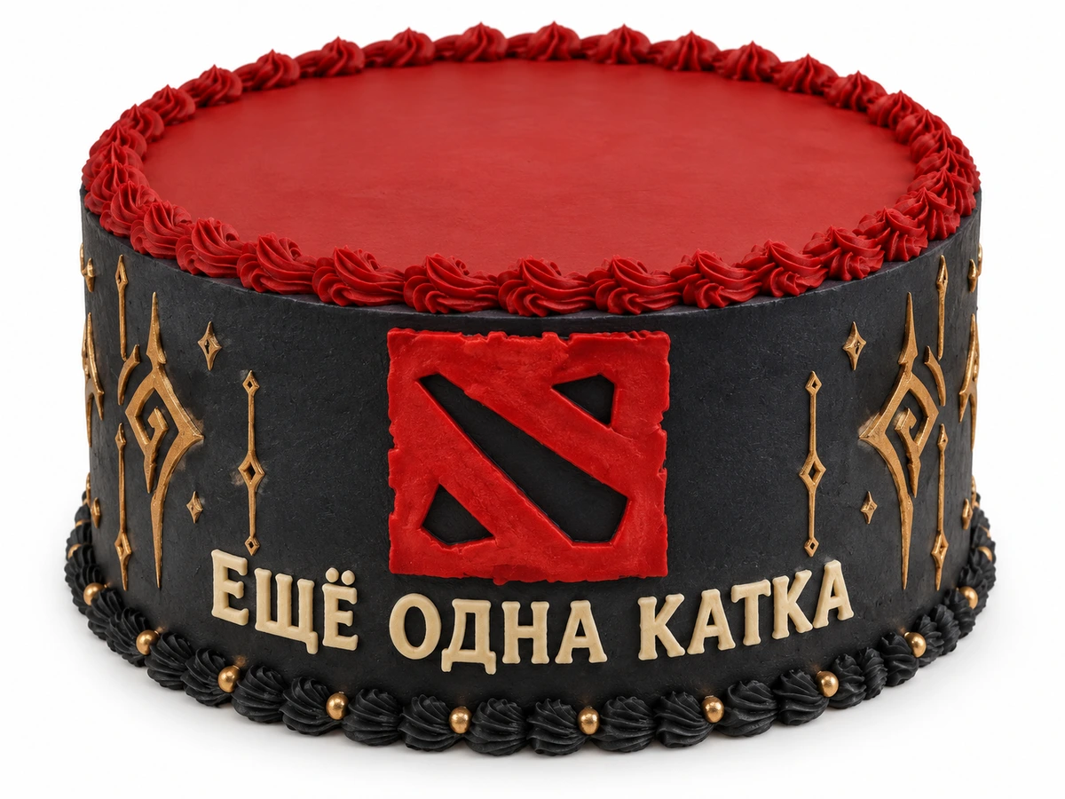 Торт по мотивам Dota 2 с рунами и надписью «Ещё одна катка»
