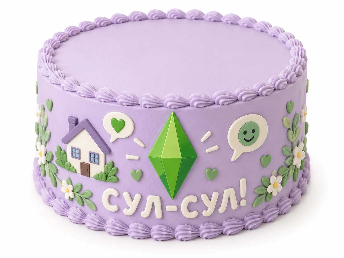 Торт по мотивам The Sims с зелёным кристаллом и приветствием «Сул-сул!»