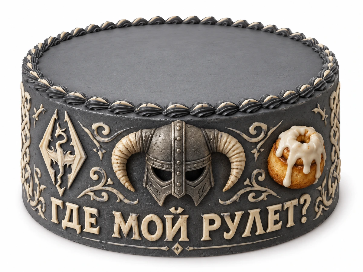 Торт по мотивам Skyrim со шлемом и надписью «Где мой рулет?»
